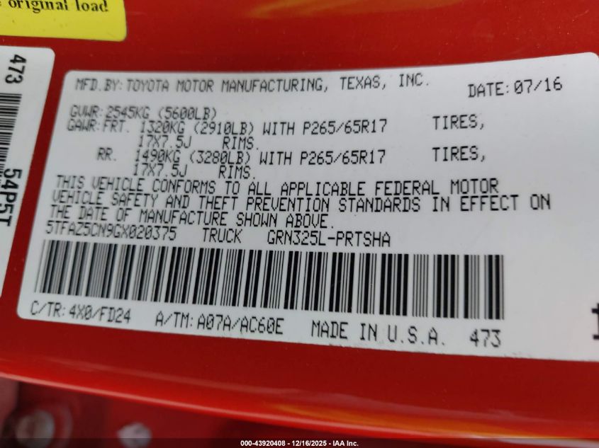 2016 Toyota Tacoma Trd Sport VIN: 5TFAZ5CN9GX020375 Lot: 43920408