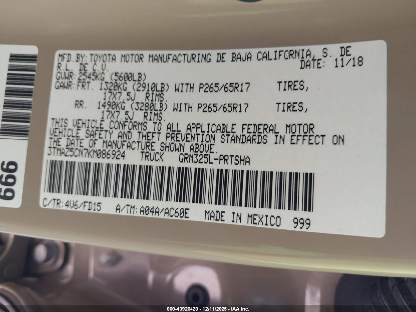 2019 Toyota Tacoma Trd Sport VIN: 3TMAZ5CN7KM086924 Lot: 43920420