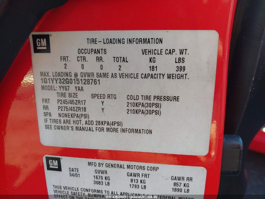 2001 Chevrolet Corvette VIN: 1G1YY32G015128761 Lot: 43920423