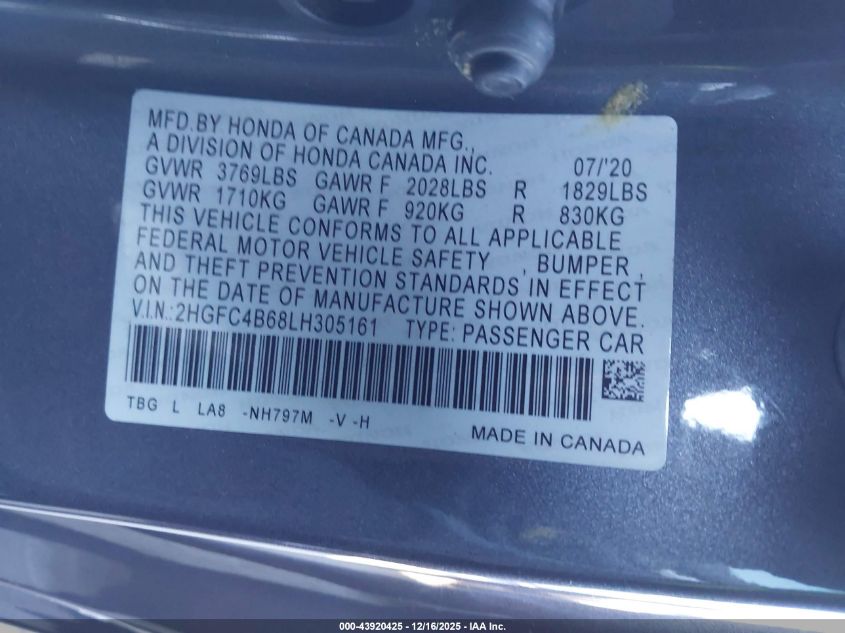 2020 Honda Civic Lx VIN: 2HGFC4B68LH305161 Lot: 43920425