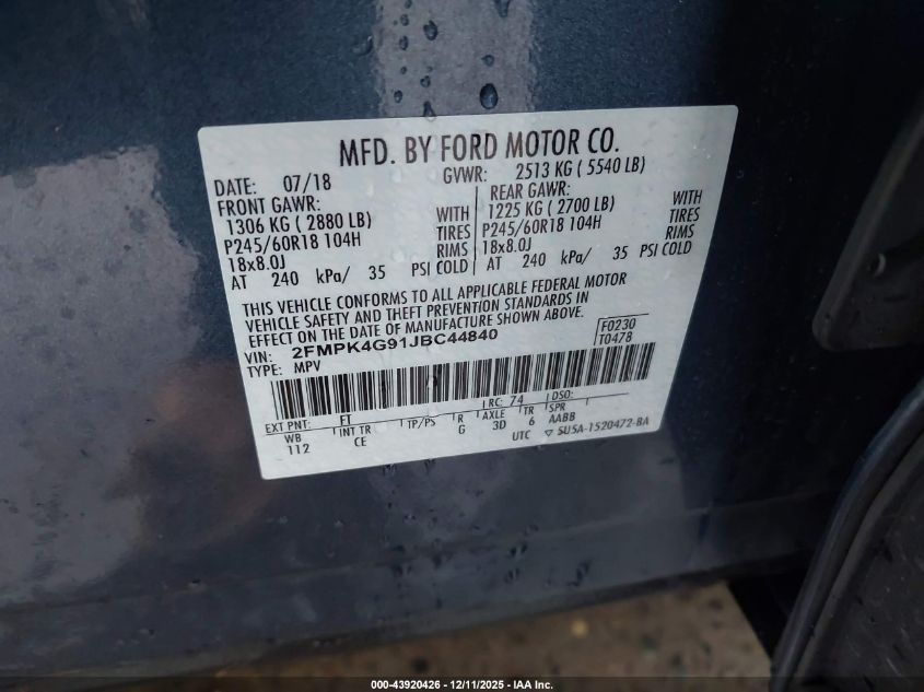 2018 Ford Edge Se VIN: 2FMPK4G91JBC44840 Lot: 43920426