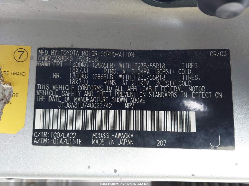 2004 Lexus Rx 330 VIN: JTJGA31U740022742 Lot: 43920429