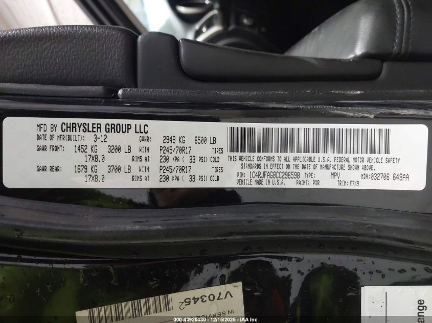 2012 Jeep Grand Cherokee Laredo VIN: 1C4RJFAG8CC296598 Lot: 43920430