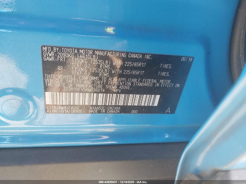 2019 Toyota Rav4 Le VIN: 2T3H1RFV5KW036014 Lot: 43920431