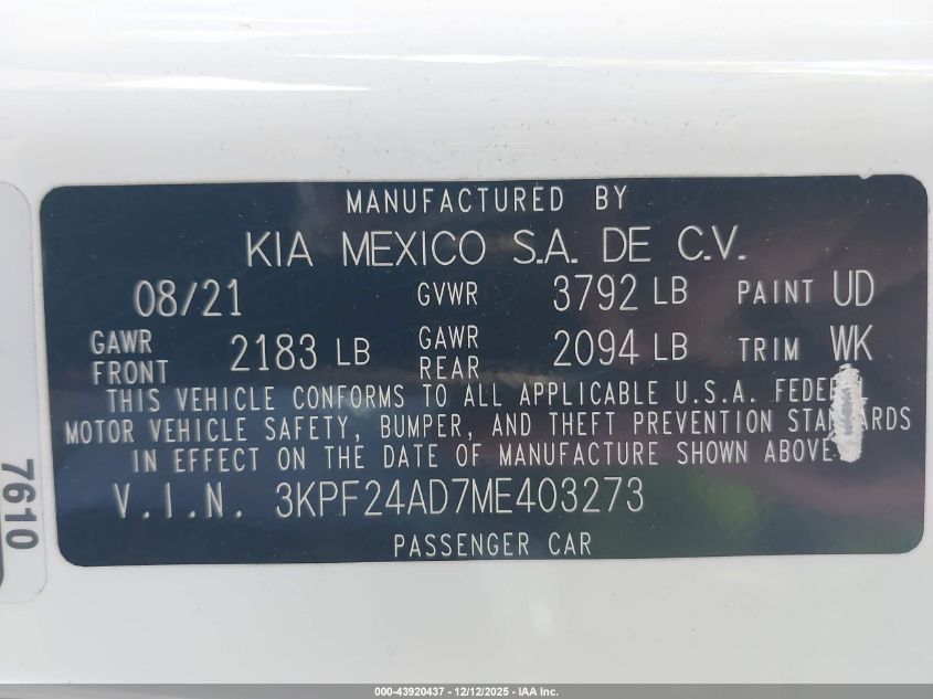2021 Kia Forte Lxs VIN: 3KPF24AD7ME403273 Lot: 43920437