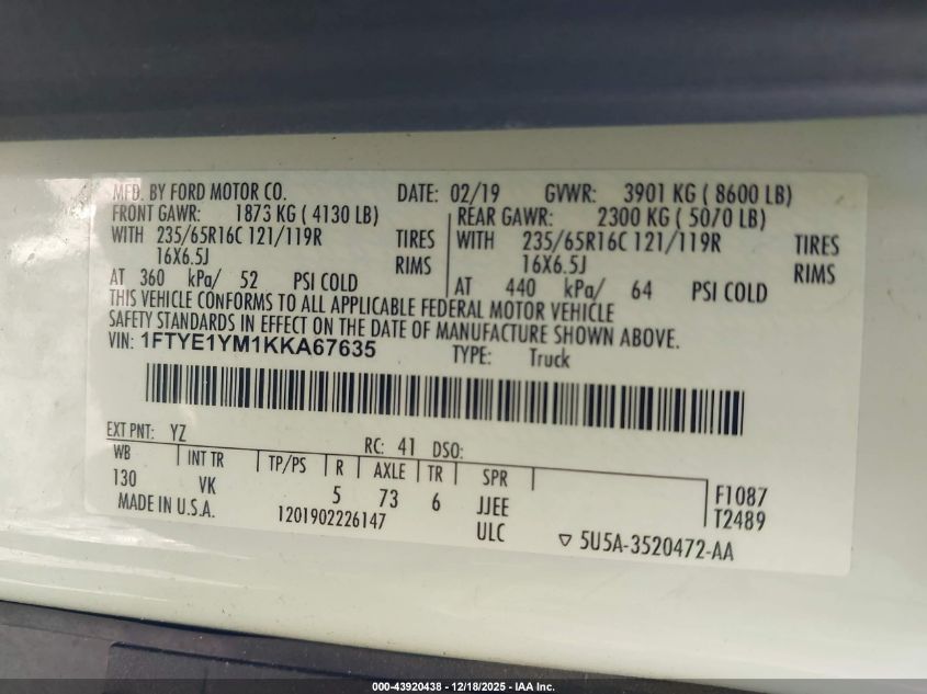 2019 Ford Transit-150 VIN: 1FTYE1YM1KKA67635 Lot: 43920438