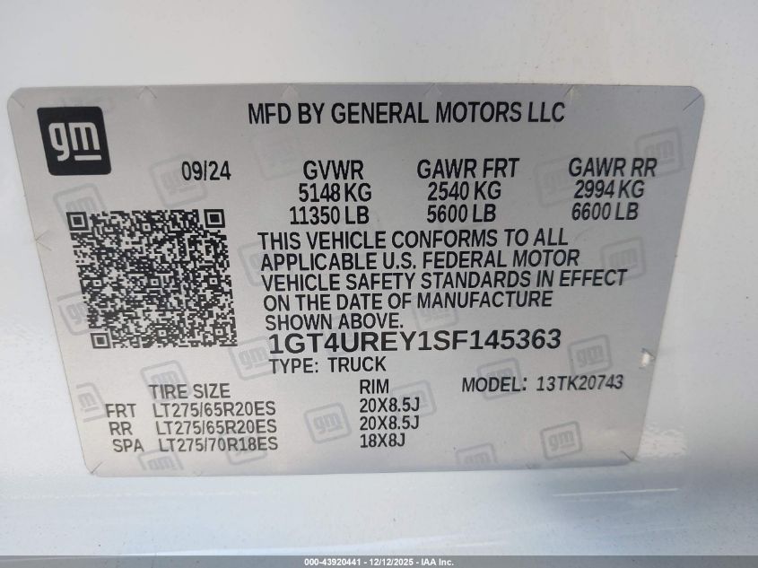 2025 GMC Sierra 2500Hd 4Wd Standard Bed Denali VIN: 1GT4UREY1SF145363 Lot: 43920441