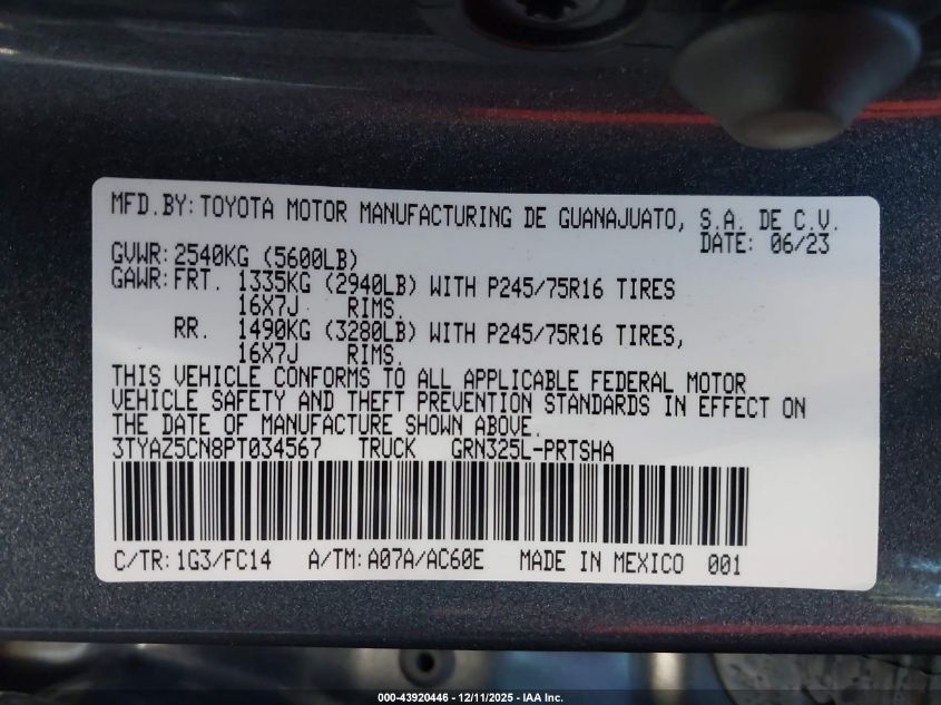 2023 Toyota Tacoma Sr5 V6 VIN: 3TYAZ5CN8PT034567 Lot: 43920446