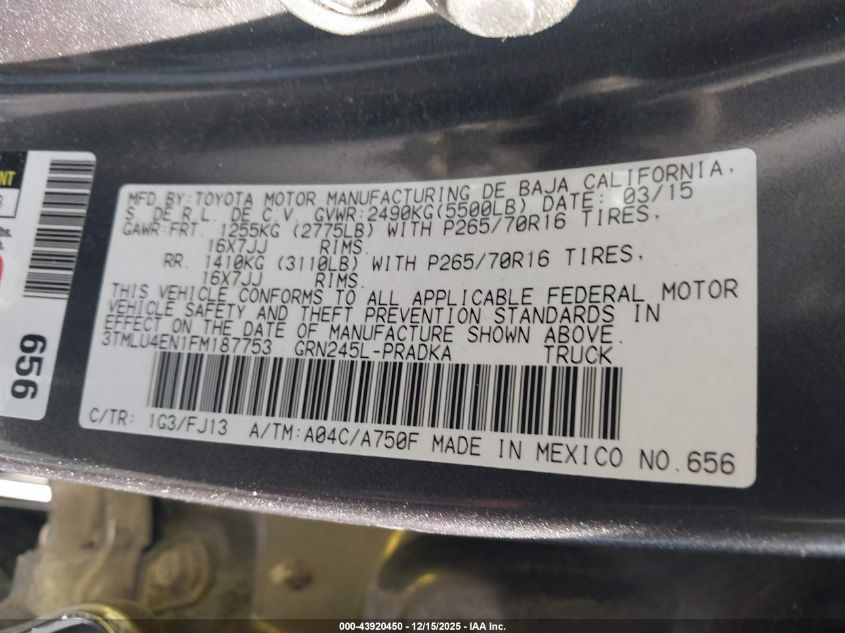 2015 Toyota Tacoma Double Cab/Trd Pro VIN: 3TMLU4EN1FM187753 Lot: 43920450