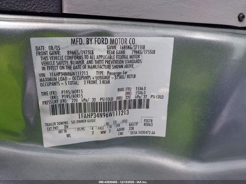 2006 Ford Focus Zx4 VIN: 1FAHP34N96W111213 Lot: 43920455