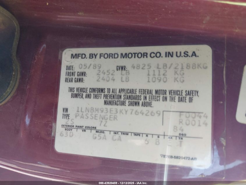 1989 Lincoln Mark Vii Lsc VIN: 1LNBM93E3KY764269 Lot: 43920459