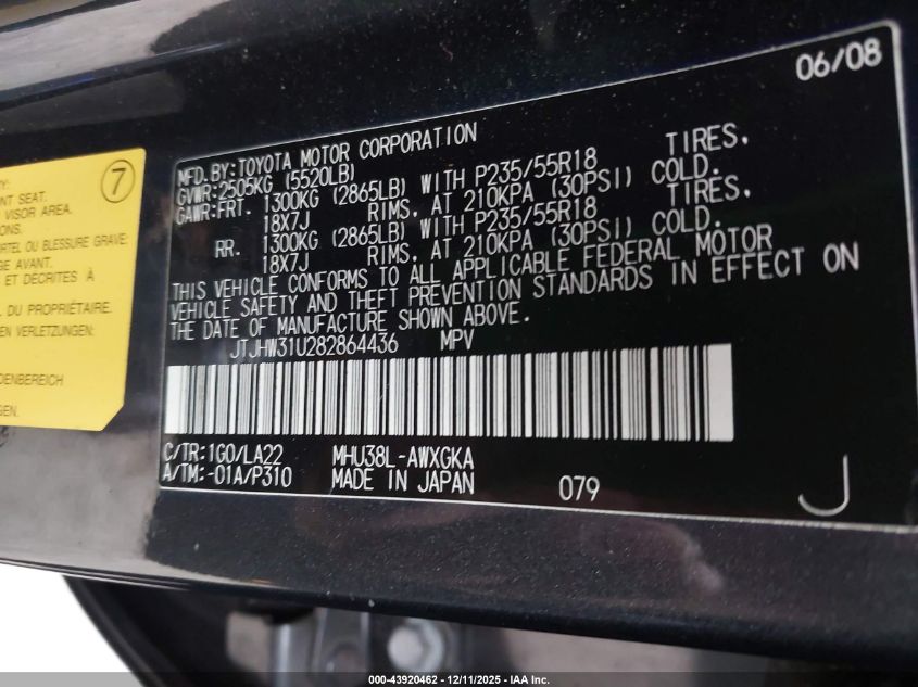 2008 Lexus Rx 400H VIN: JTJHW31U282864436 Lot: 43920462