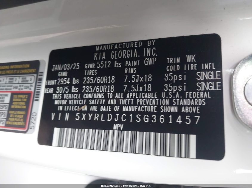 2025 Kia Sorento S VIN: 5XYRLDJC1SG361457 Lot: 43920465