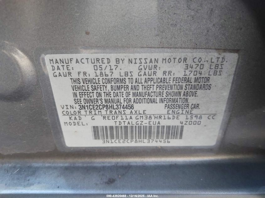 2017 Nissan Versa Note Sr VIN: 3N1CE2CP8HL374456 Lot: 43920468