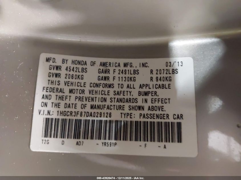 2013 Honda Accord Ex-L V-6 VIN: 1HGCR3F87DA029126 Lot: 43920474