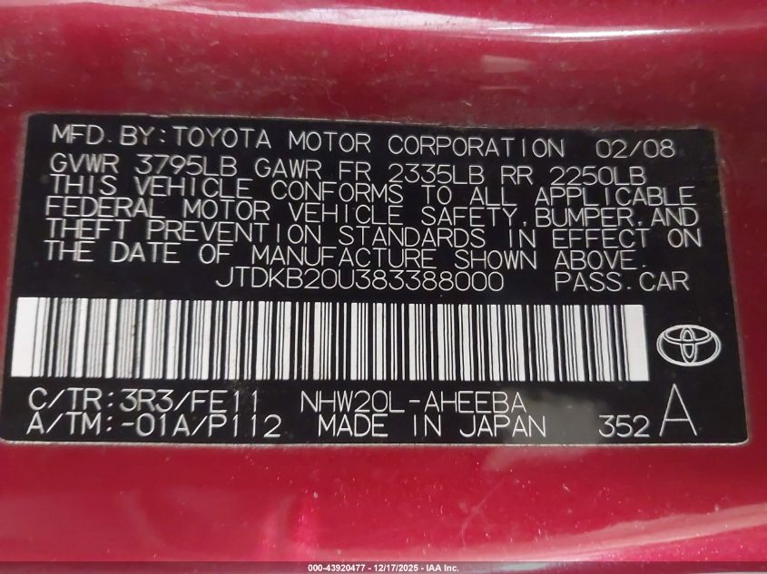 2008 Toyota Prius VIN: JTDKB20U383388000 Lot: 43920477
