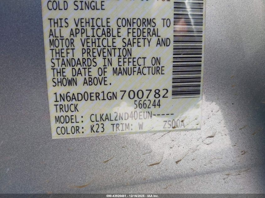 2016 Nissan Frontier Desert Runner/S/Sl/Sv VIN: 1N6AD0ER1GN700782 Lot: 43920481