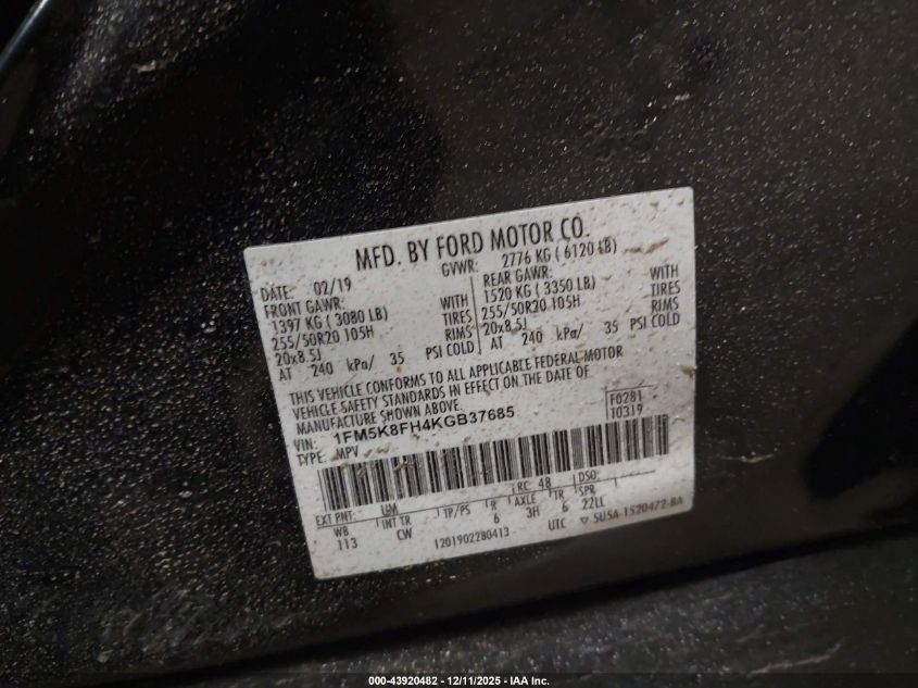 2019 Ford Explorer Limited VIN: 1FM5K8FH4KGB37685 Lot: 43920482