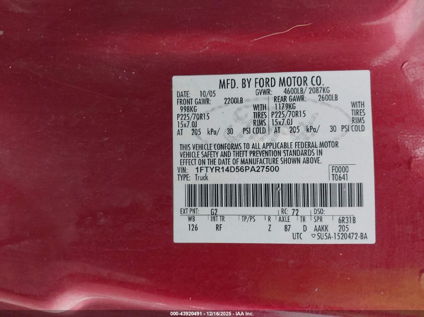 2006 Ford Ranger Xl/Xlt VIN: 1FTYR14D56PA27500 Lot: 43920491