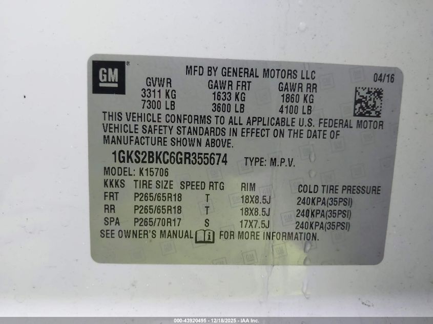 2016 GMC Yukon Slt VIN: 1GKS2BKC6GR355674 Lot: 43920495