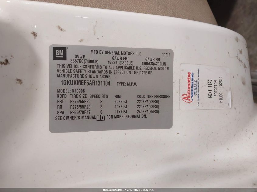2010 GMC Yukon Xl 1500 Denali VIN: 1GKUKMEF5AR131104 Lot: 43920496