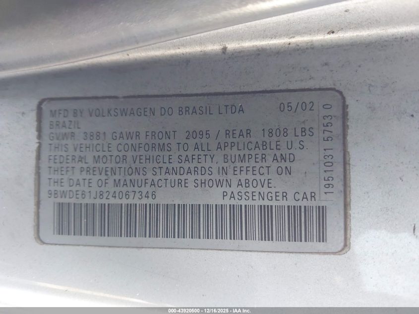2002 Volkswagen Gti 1.8L VIN: 9BWDE61J824067346 Lot: 43920500