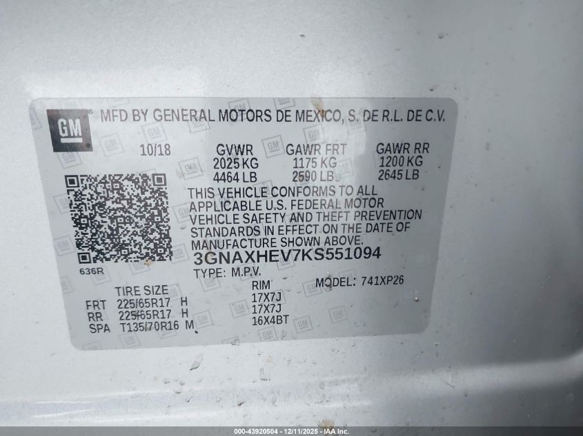 2019 Chevrolet Equinox Ls VIN: 3GNAXHEV7KS551094 Lot: 43920504