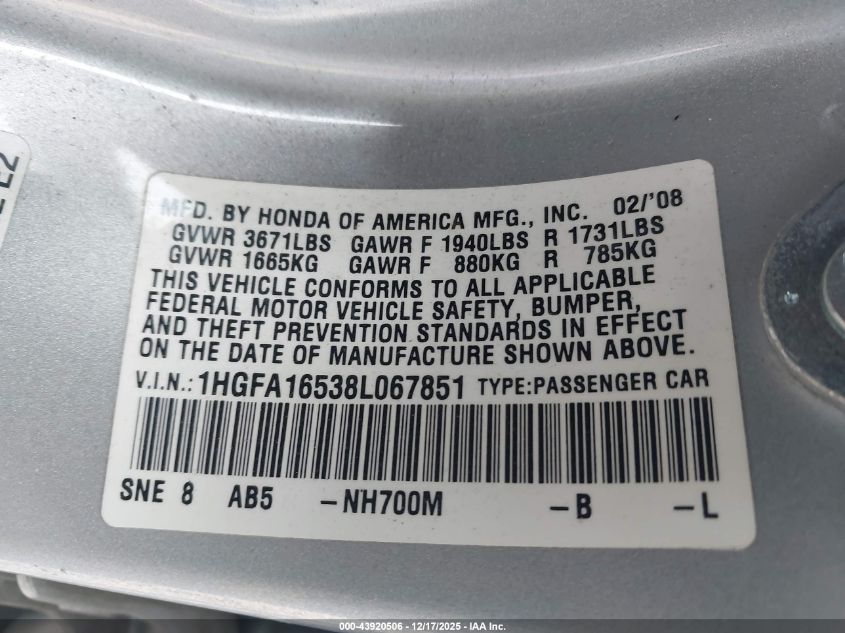 2008 Honda Civic Lx VIN: 1HGFA16538L067851 Lot: 43920506