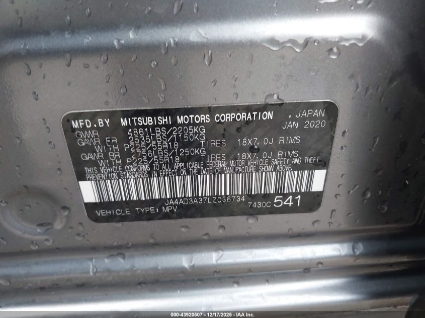 2020 Mitsubishi Outlander Le 2.4/Se 2.4/Sel 2.4/Sp 2.4 VIN: JA4AD3A37LZ036734 Lot: 43920507