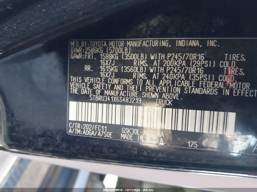 2006 Toyota Tundra Sr5 VIN: 5TBRU341X6S483219 Lot: 43920510