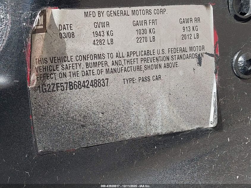 2008 Pontiac G6 Value Leader VIN: 1G2ZF57B684248837 Lot: 43920517