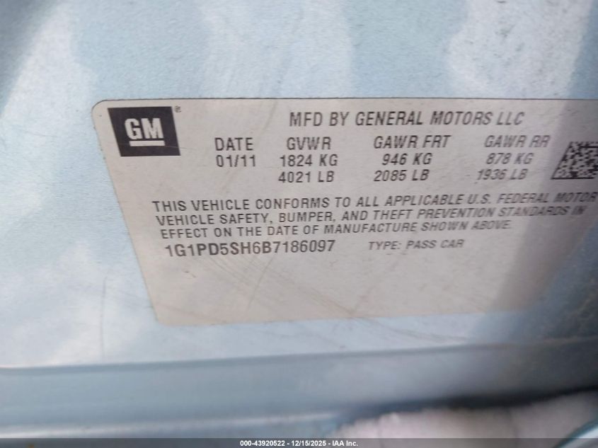 2011 Chevrolet Cruze Ls VIN: 1G1PD5SH6B7186097 Lot: 43920522