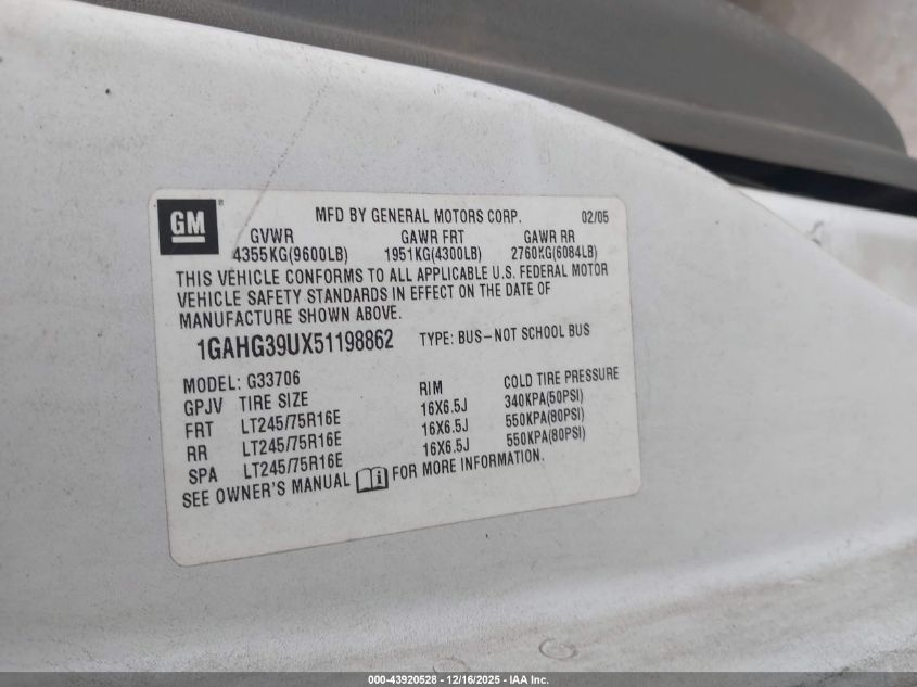 2005 Chevrolet Express VIN: 1GAHG39UX51198862 Lot: 43920528