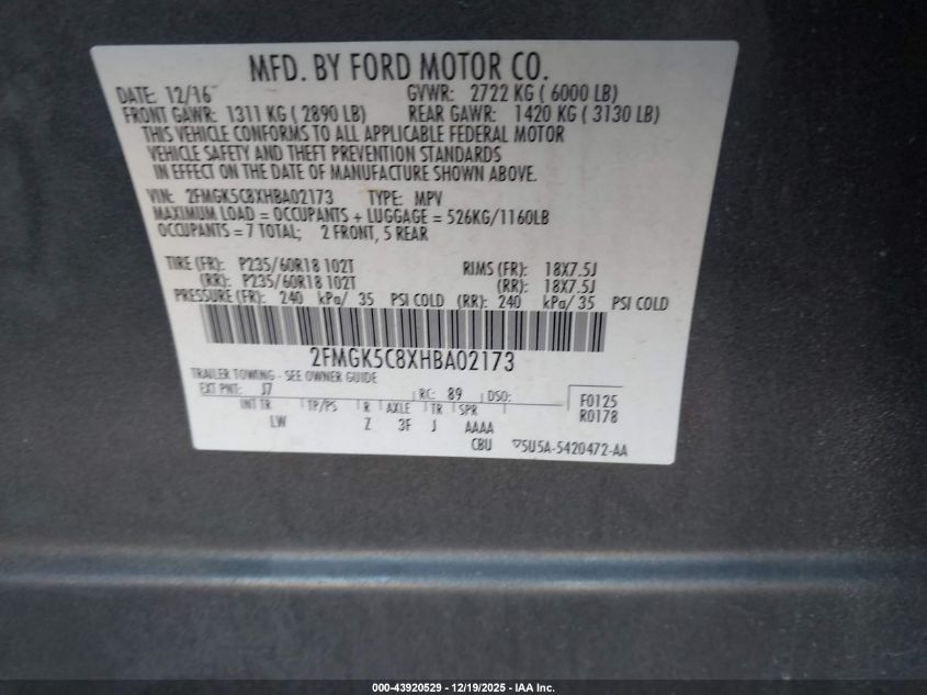 2017 Ford Flex Sel VIN: 2FMGK5C8XHBA02173 Lot: 43920529