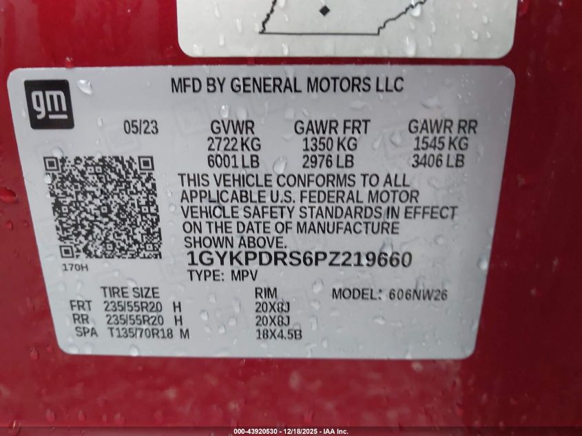 2023 Cadillac Xt6 Awd Premium Luxury VIN: 1GYKPDRS6PZ219660 Lot: 43920530