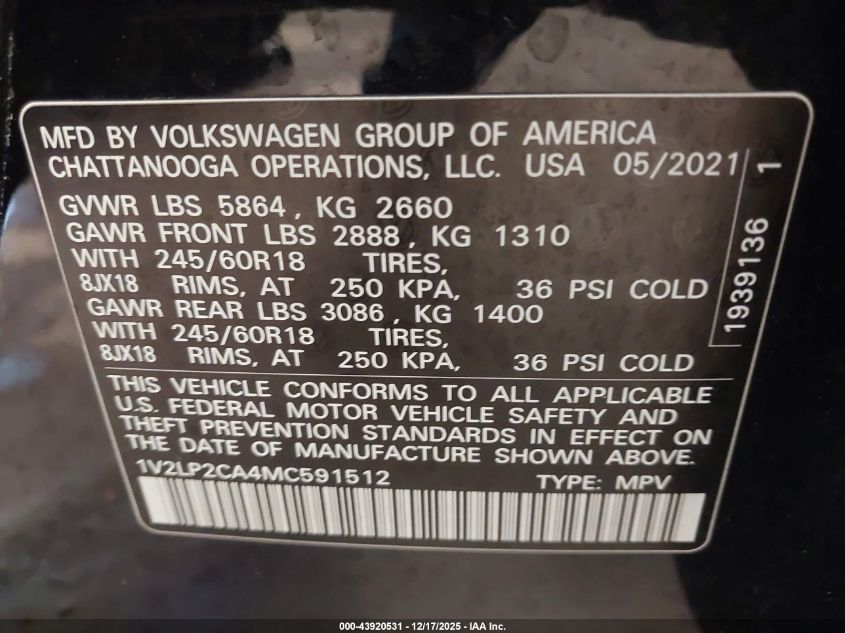 2021 Volkswagen Atlas 2.0T Se VIN: 1V2LP2CA4MC591512 Lot: 43920531