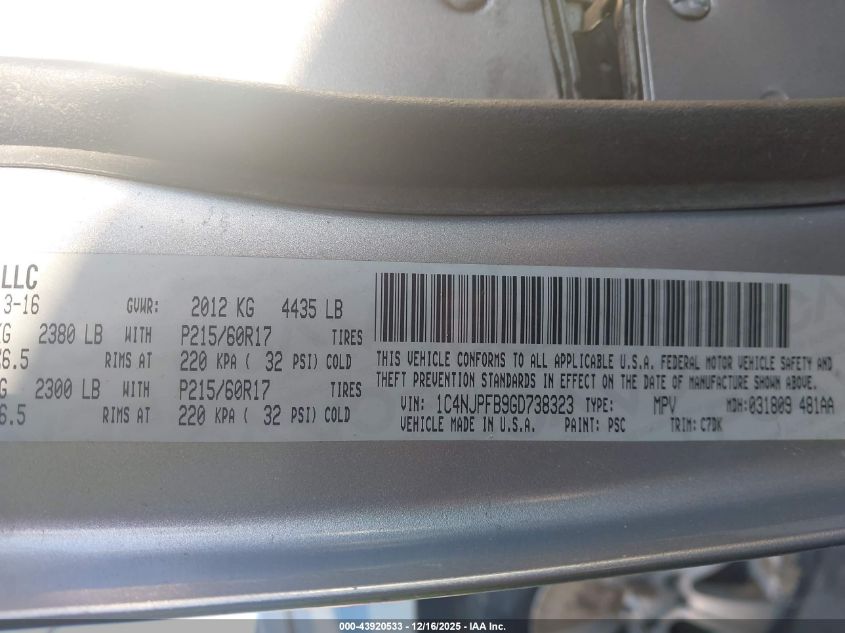 2016 Jeep Patriot Latitude VIN: 1C4NJPFB9GD738323 Lot: 43920533