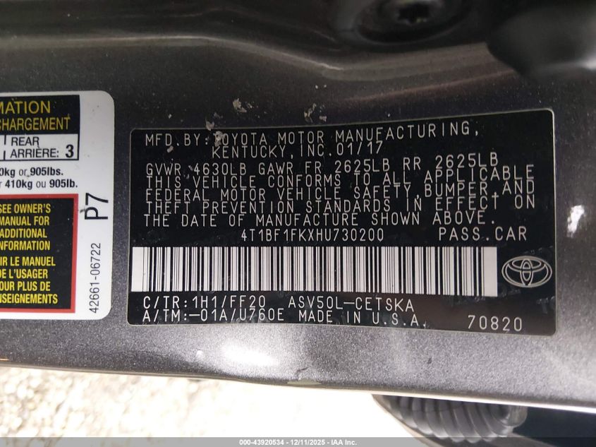 2017 Toyota Camry Se VIN: 4T1BF1FKXHU730200 Lot: 43920534