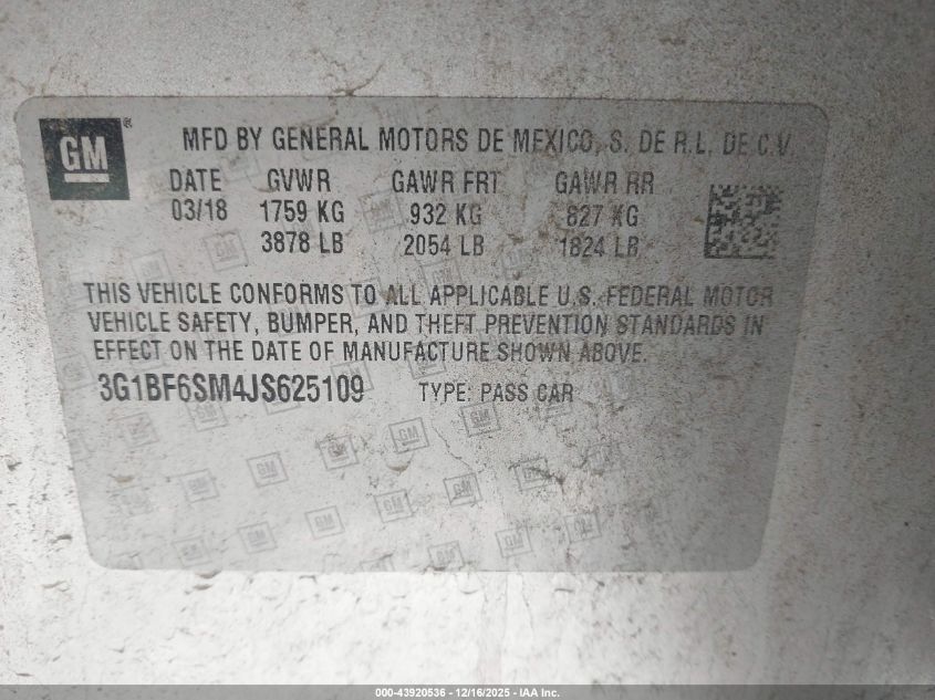 2018 Chevrolet Cruze Premier Auto VIN: 3G1BF6SM4JS625109 Lot: 43920536