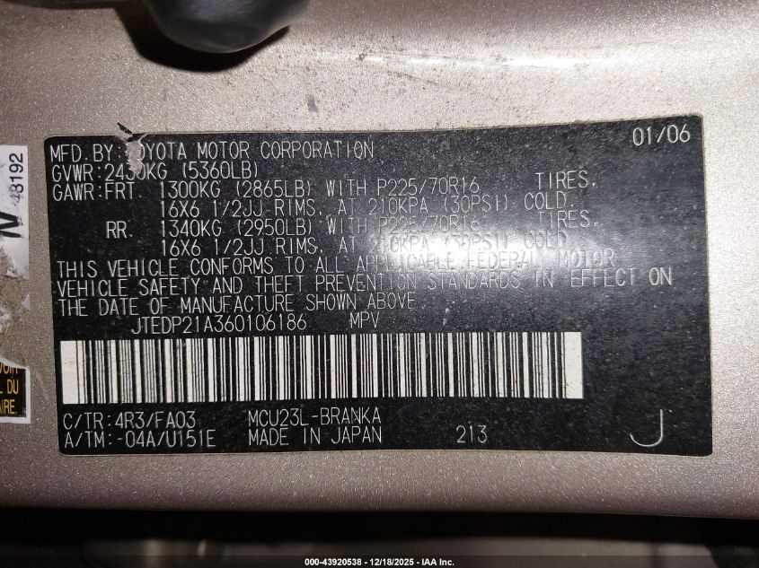 2006 Toyota Highlander V6 VIN: JTEDP21A360106186 Lot: 43920538