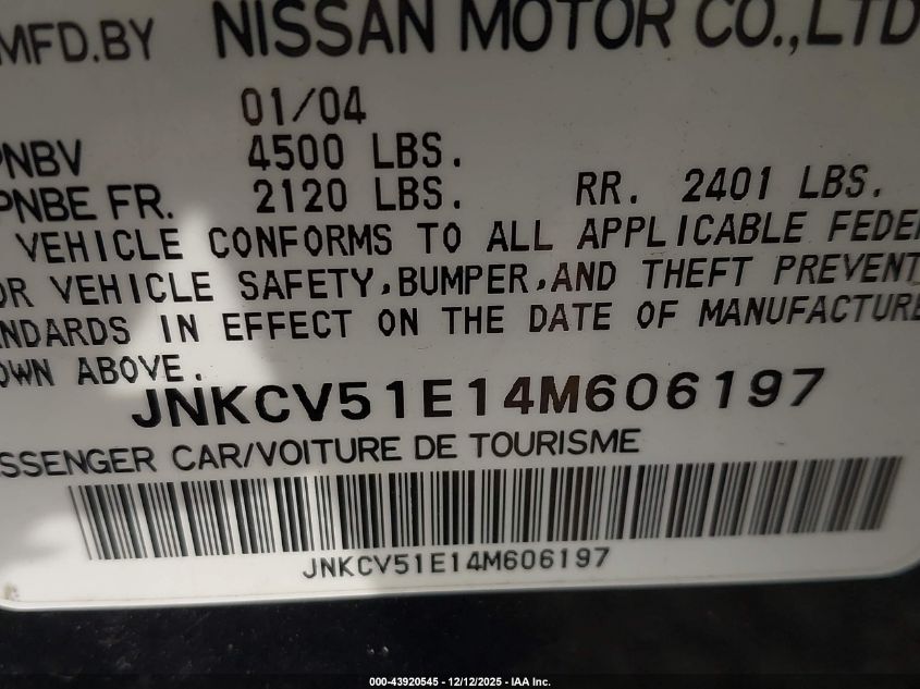 2004 Infiniti G35 VIN: JNKCV51E14M606197 Lot: 43920545