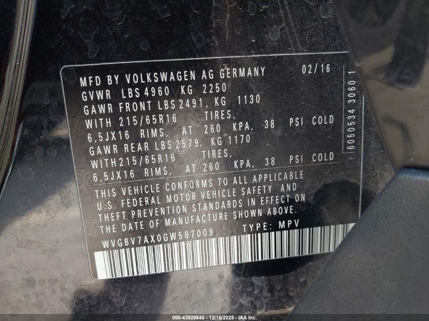 2016 Volkswagen Tiguan S VIN: WVGBV7AX0GW587009 Lot: 43920548