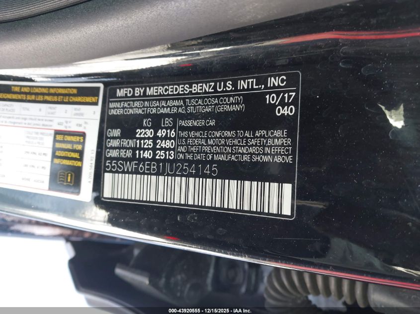 2018 Mercedes-Benz Amg C 43 4Matic VIN: 55SWF6EB1JU254145 Lot: 43920555