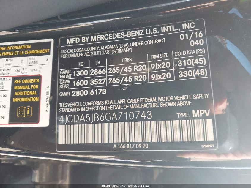 2016 Mercedes-Benz Gle 350 VIN: 4JGDA5JB6GA710743 Lot: 43920557