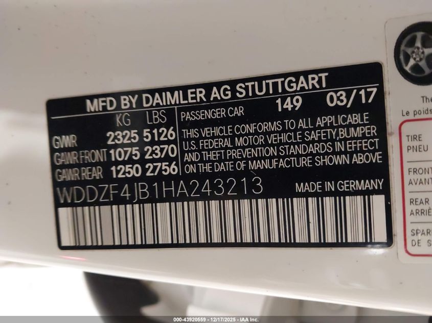 2017 Mercedes-Benz E 300 VIN: WDDZF4JB1HA243213 Lot: 43920559