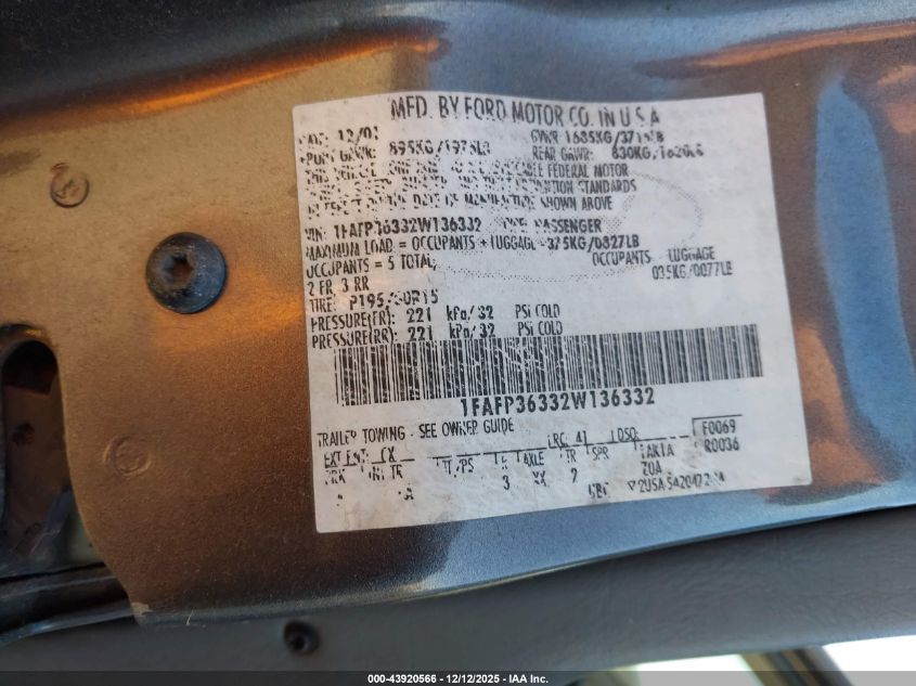 2002 Ford Focus Se/Ztw VIN: 1FAFP36332W136332 Lot: 43920566