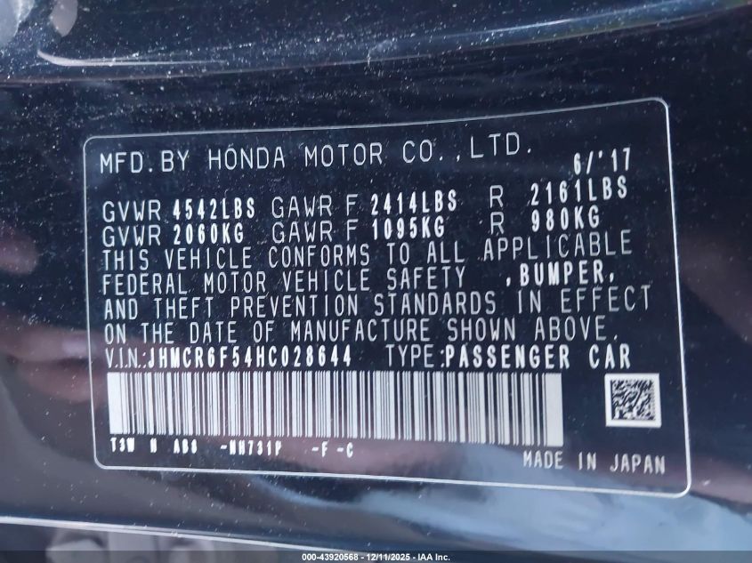 2017 Honda Accord Hybrid Ex-L VIN: JHMCR6F54HC028644 Lot: 43920568