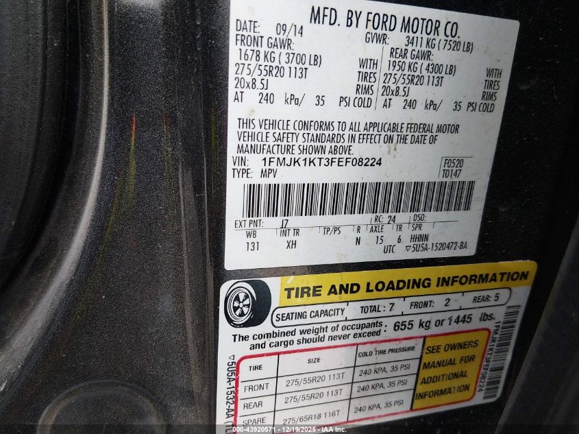 2015 Ford Expedition El Limited VIN: 1FMJK1KT3FEF08224 Lot: 43920571