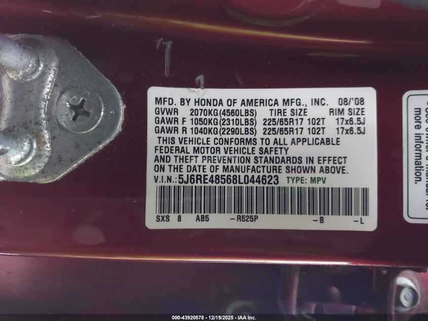 2008 Honda Cr-V Ex VIN: 5J6RE48568L044623 Lot: 43920578