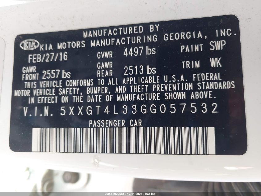 2016 Kia Optima Lx VIN: 5XXGT4L33GG057532 Lot: 43920584